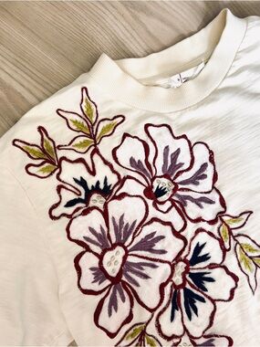 Anthropologie Embroidered Floral Crewneck Top